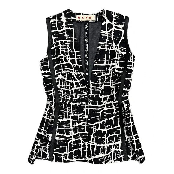 Marni Black Abstract Print Plunge Neckline Silk Blend Blouse XS - Picture 1 of 5